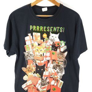 Ugly Christmas Graphic T-Shirt Men's Large Cats Prrresents Black Short Sleeve